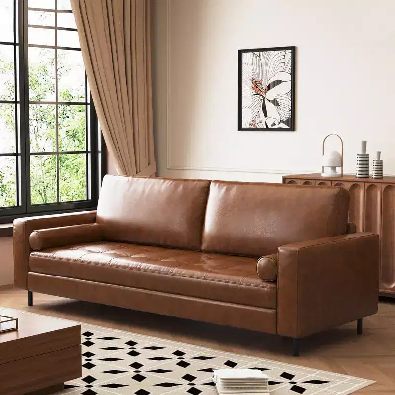 80.31 Mid-Century Modern Faux Leather 3-Seater Sofa Couch, with Sturdy Metal Legs & Solid Wood Frame, for Living Room & Apartment, Brown Gaoyangjiaju
