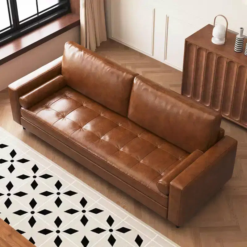 80.31 Mid-Century Modern Faux Leather 3-Seater Sofa Couch, with Sturdy Metal Legs & Solid Wood Frame, for Living Room & Apartment, Brown Gaoyangjiaju