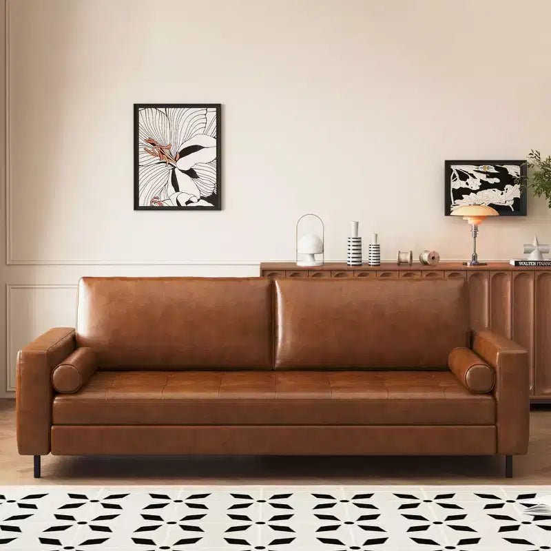 80.31 Mid-Century Modern Faux Leather 3-Seater Sofa Couch, with Sturdy Metal Legs & Solid Wood Frame, for Living Room & Apartment, Brown Gaoyangjiaju
