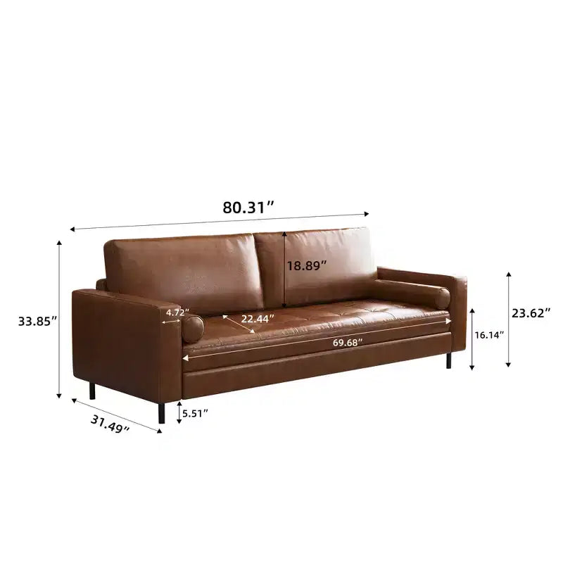 80.31 Mid-Century Modern Faux Leather 3-Seater Sofa Couch, with Sturdy Metal Legs & Solid Wood Frame, for Living Room & Apartment, Brown Gaoyangjiaju