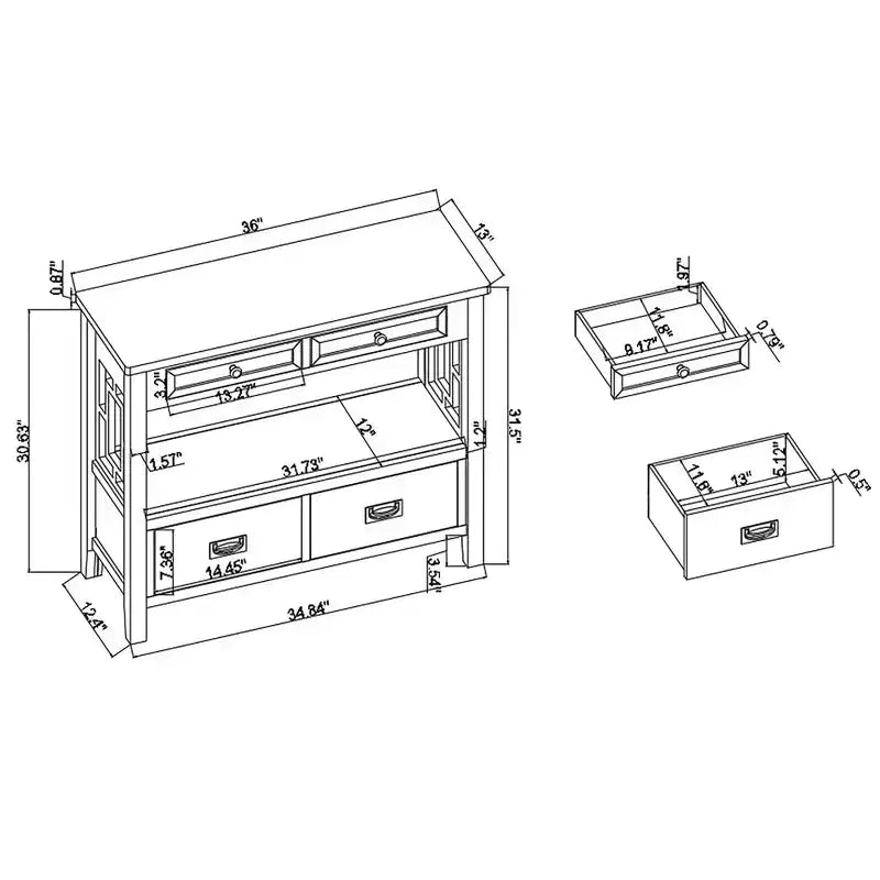 Bahut de 91 cm, meuble de rangement avec 4 tiroirs et 1 étagère ouverte, armoire de rangement pour salon, salle à manger, cuisine