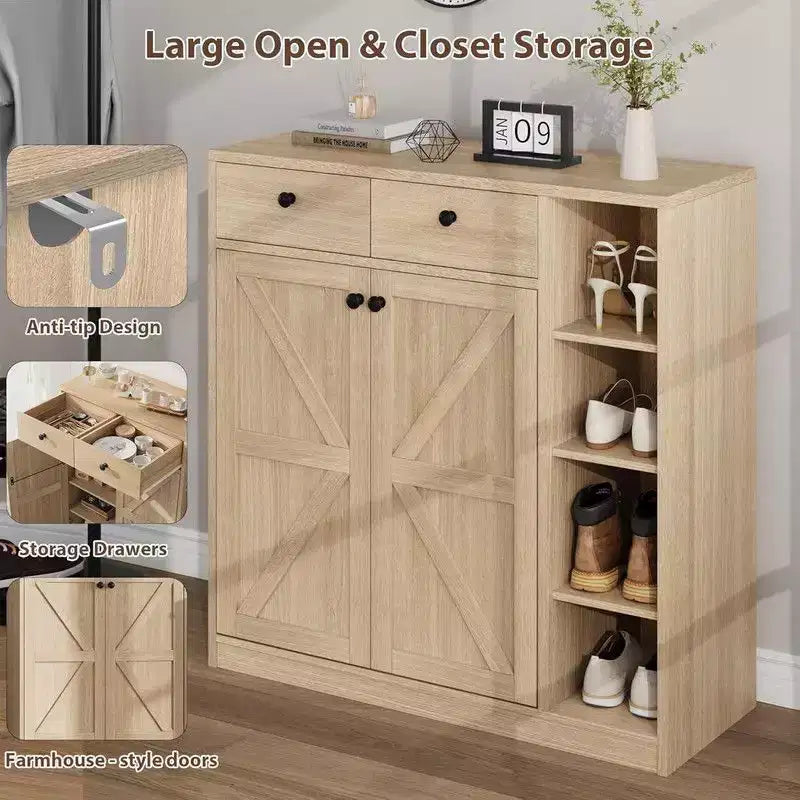 Meuble de rangement pour chaussures avec portes et tiroirs, organisateur de chaussures de 106,7 cm de haut avec 3 étagères réglables et une base stable, étagère à chaussures à 4 niveaux