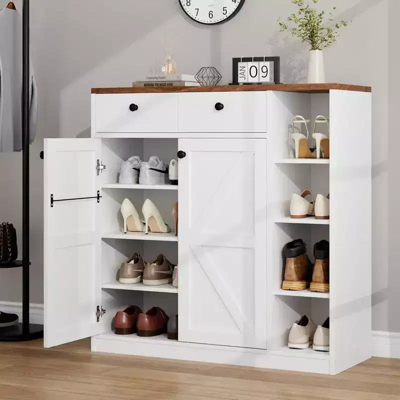Meuble de rangement pour chaussures avec portes et tiroirs, organisateur de chaussures de 106,7 cm de haut avec 3 étagères réglables et une base stable, étagère à chaussures à 4 niveaux