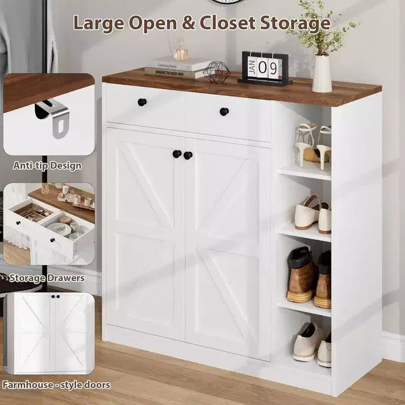 Meuble de rangement pour chaussures avec portes et tiroirs, organisateur de chaussures de 106,7 cm de haut avec 3 étagères réglables et une base stable, étagère à chaussures à 4 niveaux