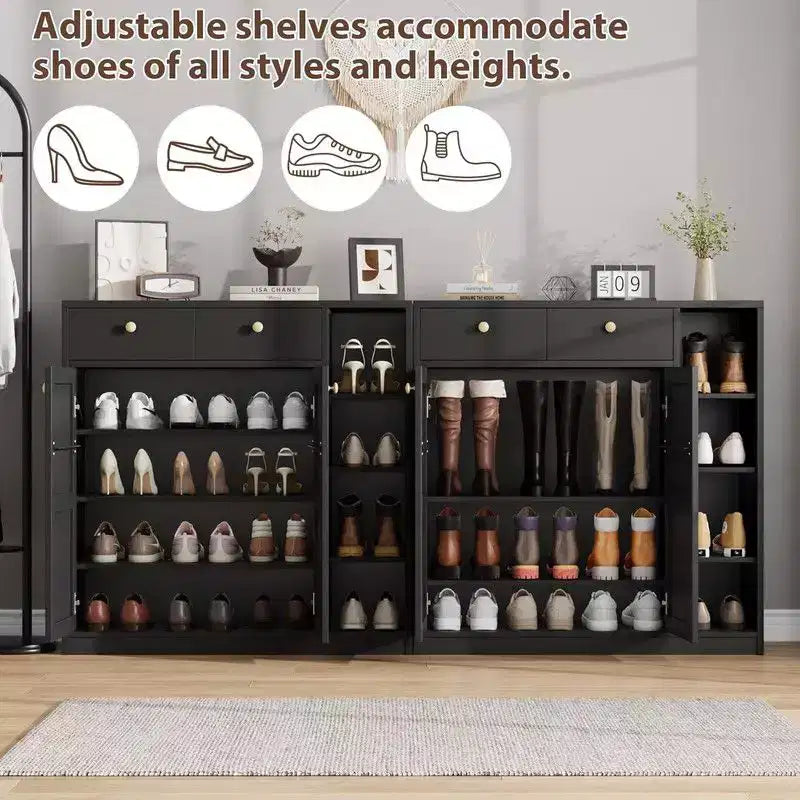 Shoe Storage Cabinet with Doors and Drawers, 42 inch Tall Shoe Organizer with 3 Adjustable Shelves and Stable Base, 4-Tier Shoes Rack
