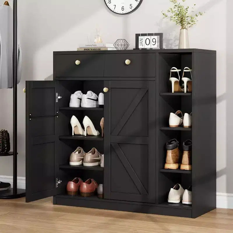 Coolmee Shoe Storage Cabinet with Doors and Drawers, 42 inch Tall Shoe Organizer with 3 Adjustable Shelves and Stable Base, 4-Tier Shoes Rack