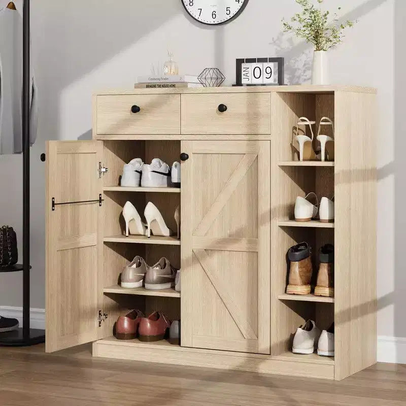 Shoe Storage Cabinet with Doors and Drawers, 42 inch Tall Shoe Organizer with 3 Adjustable Shelves and Stable Base, 4-Tier Shoes Rack