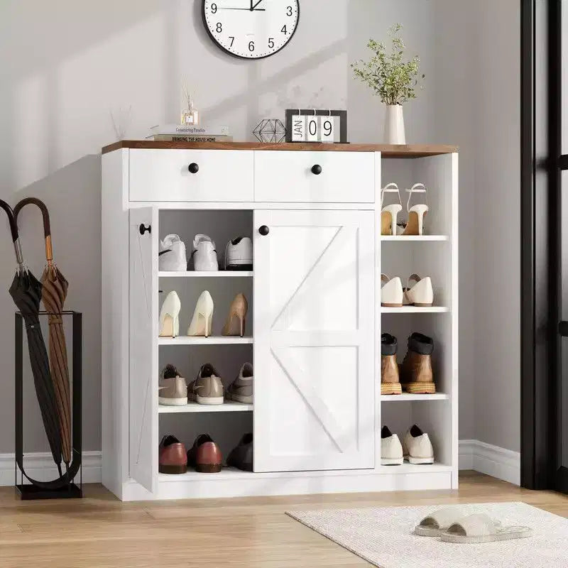 Shoe Storage Cabinet with Doors and Drawers, 42 inch Tall Shoe Organizer with 3 Adjustable Shelves and Stable Base, 4-Tier Shoes Rack