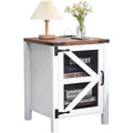 Rustic White Farmhouse Side Table with Barn Door, Space-Saving Wooden Table with Charging Station and Storage for Bedroom and Living Room