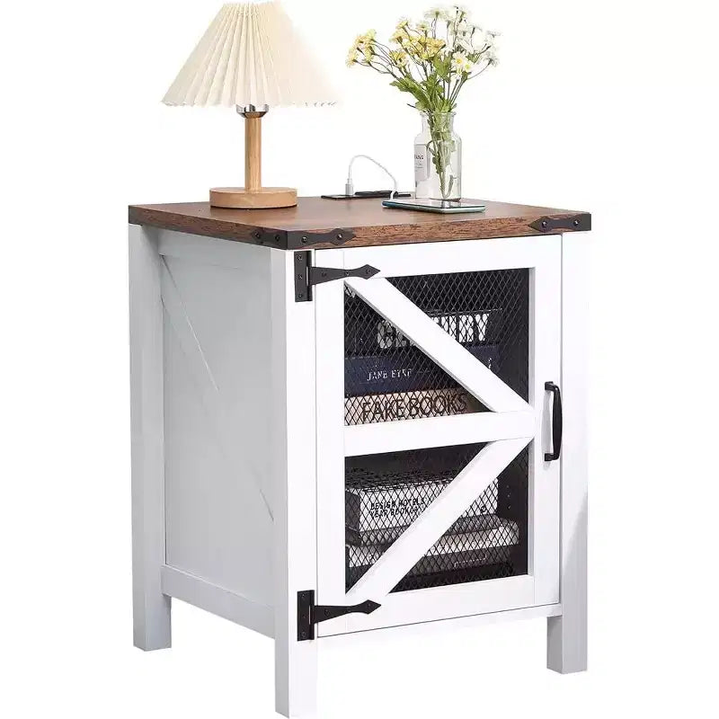 Rustic White Farmhouse Side Table with Barn Door, Space-Saving Wooden Table with Charging Station and Storage for Bedroom and Living Room