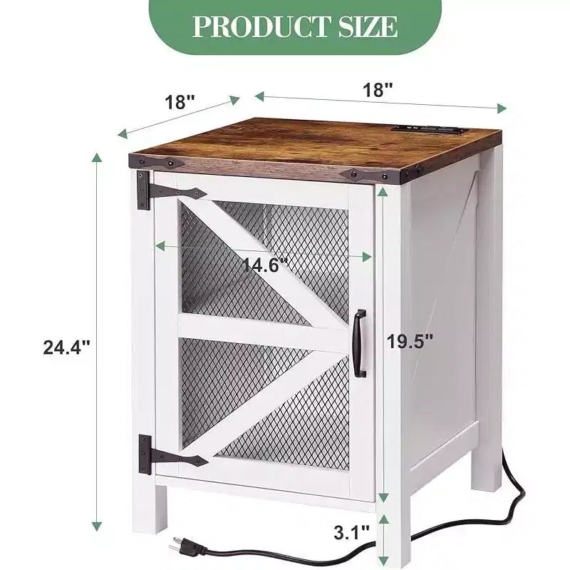 Table d'appoint rustique blanche de style ferme avec porte de grange, table en bois peu encombrante avec station de charge et rangement pour chambre et salon