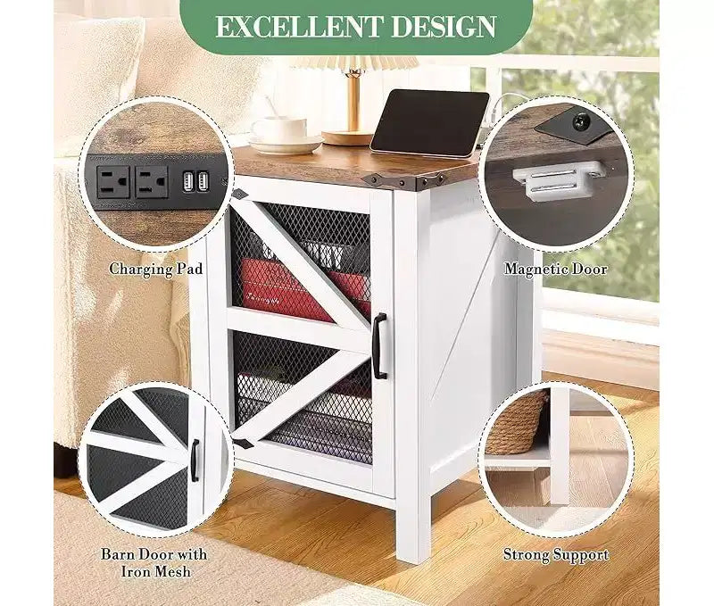 Table d'appoint rustique blanche de style ferme avec porte de grange, table en bois peu encombrante avec station de charge et rangement pour chambre et salon