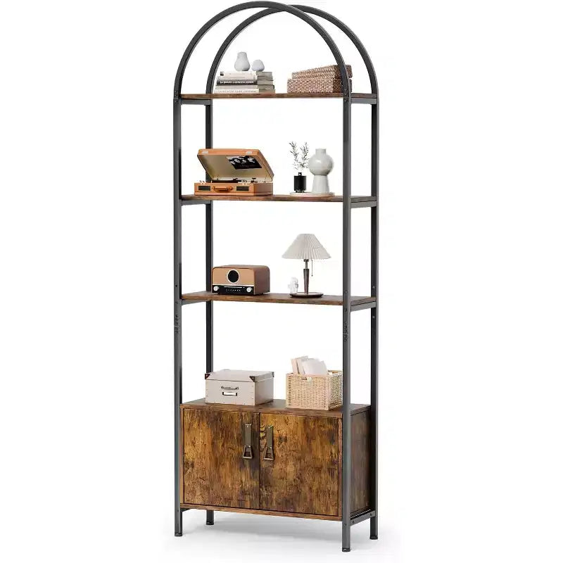 VINGLI Arched Display Cabinet, Bookcase with Doors Storage, 5 Tier Bookshelf, Stylish for Living Room Dining Room Office Study Room, Rustic Brown