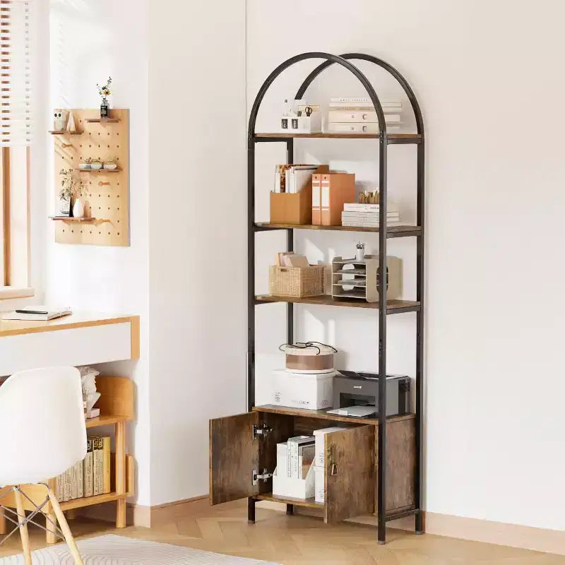 VINGLI Vitrine voûtée, Bibliothèque avec portes de rangement, Étagère à 5 niveaux, Élégante pour salon, salle à manger, bureau, salle d'étude, Marron rustique