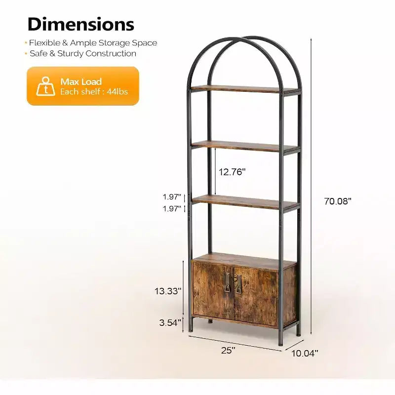 VINGLI Arched Display Cabinet, Bookcase with Doors Storage, 5 Tier Bookshelf, Stylish for Living Room Dining Room Office Study Room, Rustic Brown