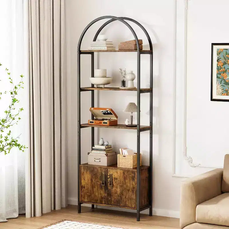 VINGLI Arched Display Cabinet, Bookcase with Doors Storage, 5 Tier Bookshelf, Stylish for Living Room Dining Room Office Study Room, Rustic Brown