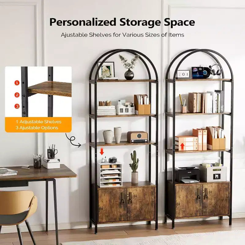 VINGLI Arched Display Cabinet, Bookcase with Doors Storage, 5 Tier Bookshelf, Stylish for Living Room Dining Room Office Study Room, Rustic Brown