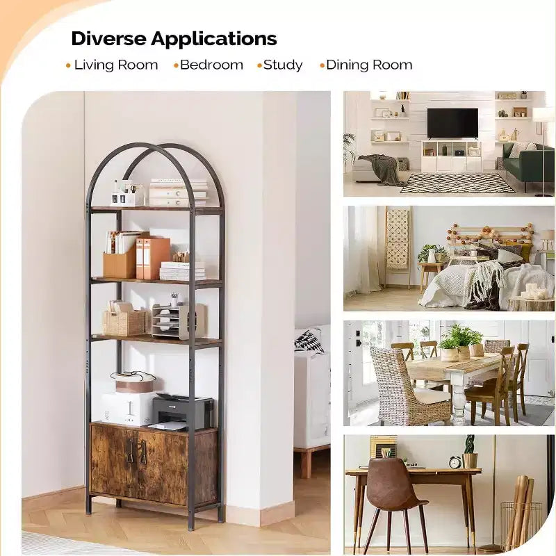 VINGLI Vitrine voûtée, Bibliothèque avec portes de rangement, Étagère à 5 niveaux, Élégante pour salon, salle à manger, bureau, salle d'étude, Marron rustique