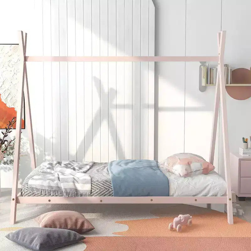 Lit cabane simple, cadre de lit en métal avec tente, lit cabane au sol avec lattes pour enfants, filles, garçons, aucun sommier tapissier requis