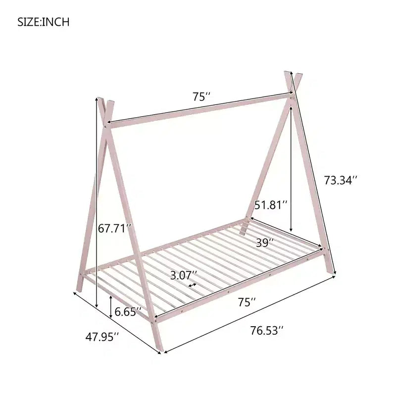 Lit cabane simple, cadre de lit en métal avec tente, lit cabane au sol avec lattes pour enfants, filles, garçons, aucun sommier tapissier requis