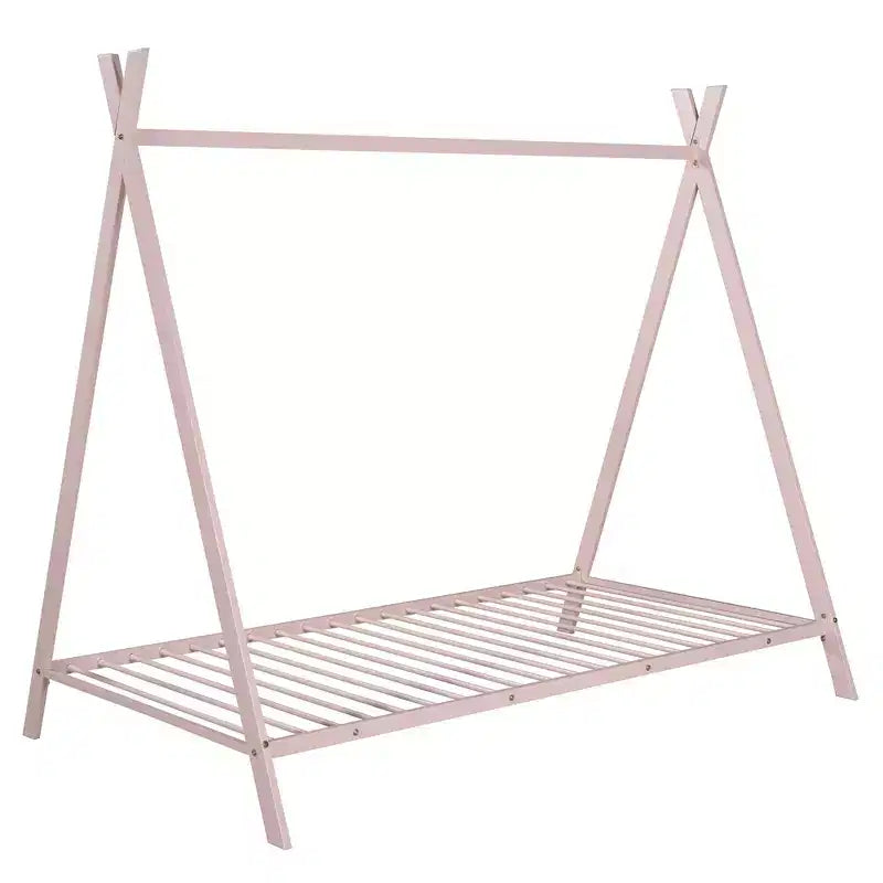 Lit cabane simple, cadre de lit en métal avec tente, lit cabane au sol avec lattes pour enfants, filles, garçons, aucun sommier tapissier requis