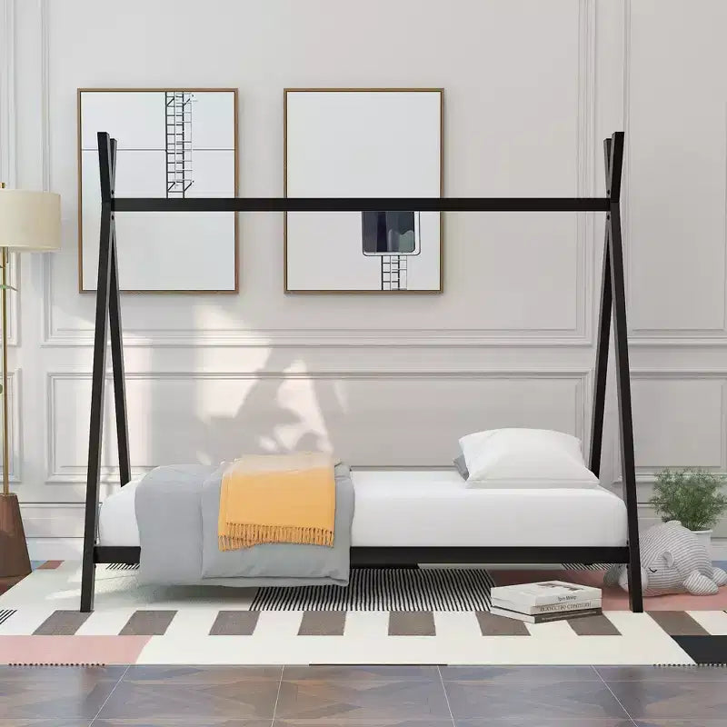 Twin Size House Bed, Tent Metal Bed Frame, Floor Play House Bed with Slat for Kids, Girls, Boys, No Box Spring Needed