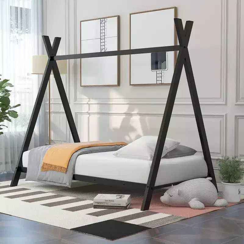 Twin Size House Bed, Tent Metal Bed Frame, Floor Play House Bed with Slat for Kids, Girls, Boys, No Box Spring Needed