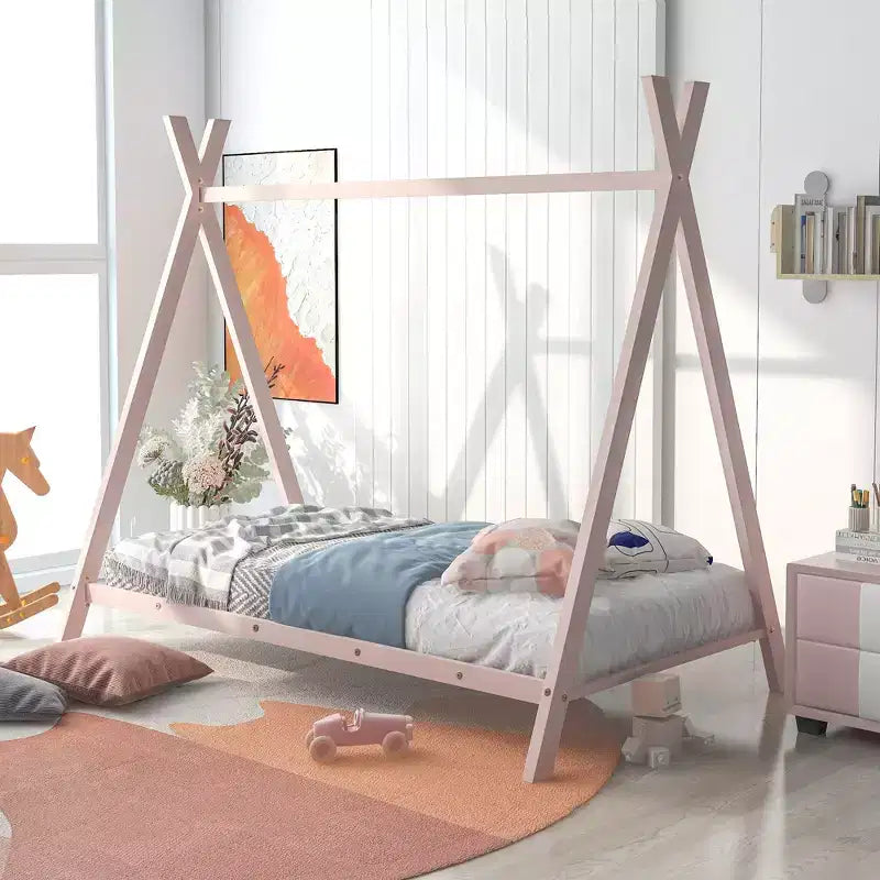 Twin Size House Bed, Tent Metal Bed Frame, Floor Play House Bed with Slat for Kids, Girls, Boys, No Box Spring Needed