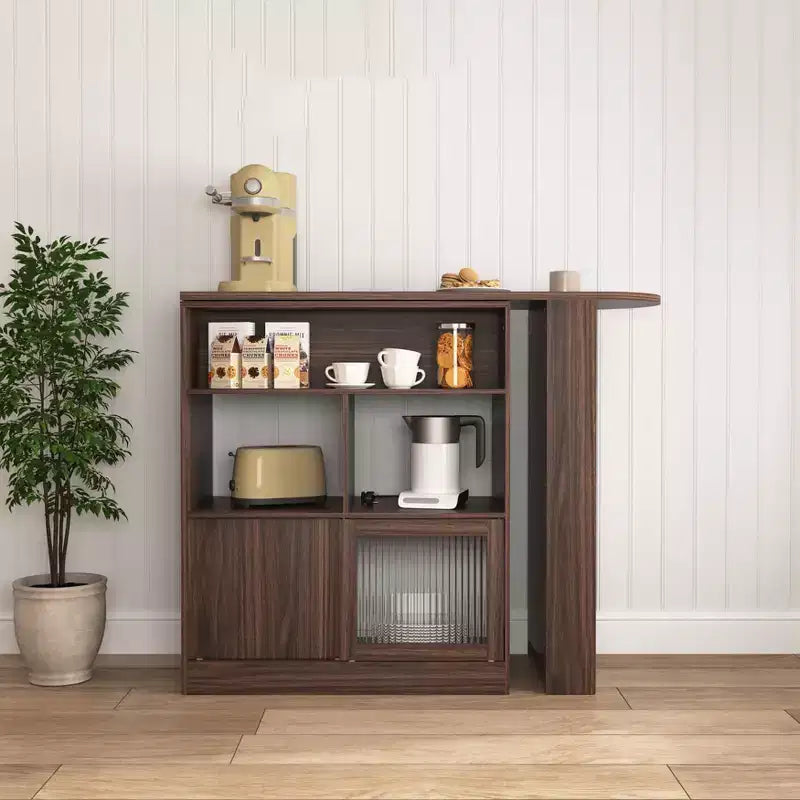 Counter Height Dining Cabinet with Storage, Ribbed Glass Door, and Rotating Top with 3 Shelves, Modern Bar Cabinet for Dining Room and Living Room