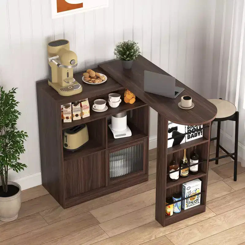 Meuble de salle à manger hauteur comptoir avec rangement, porte en verre cannelé et plateau rotatif à 3 étagères, meuble de bar moderne pour salle à manger et salon