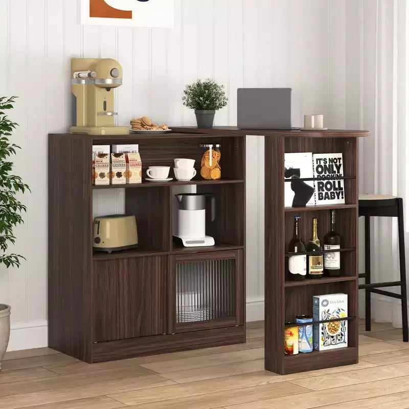 Meuble de salle à manger hauteur comptoir avec rangement, porte en verre cannelé et plateau rotatif à 3 étagères, meuble de bar moderne pour salle à manger et salon