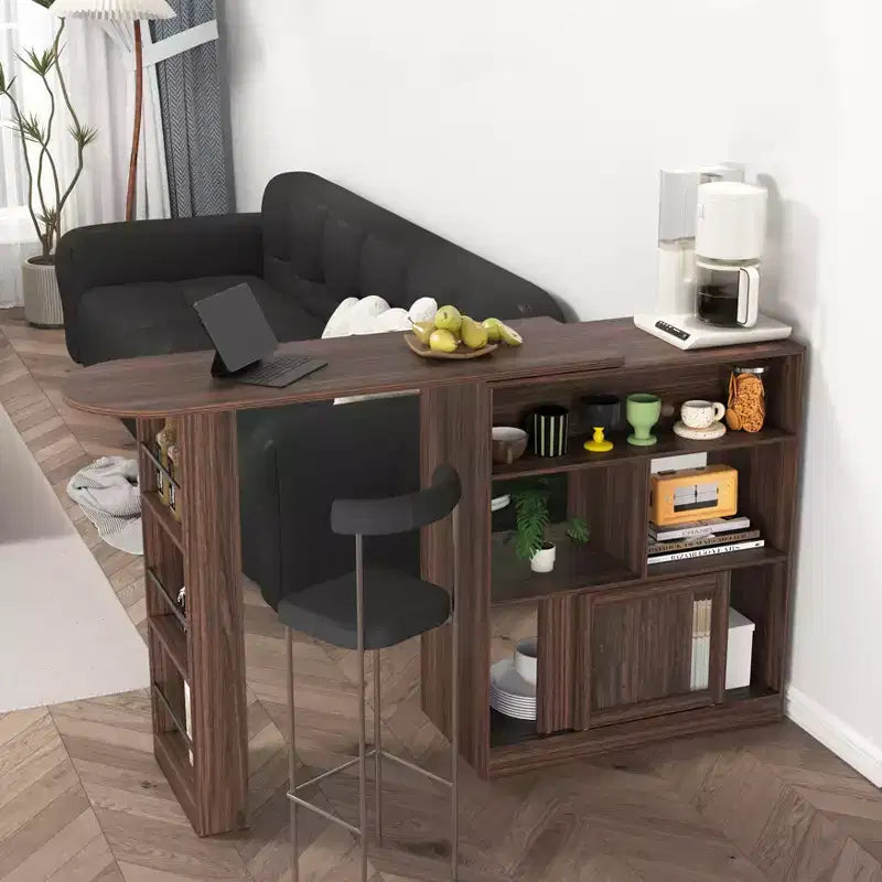 Counter Height Dining Cabinet with Storage, Ribbed Glass Door, and Rotating Top with 3 Shelves, Modern Bar Cabinet for Dining Room and Living Room