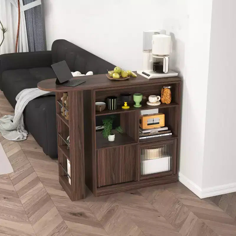 Counter Height Dining Cabinet with Storage, Ribbed Glass Door, and Rotating Top with 3 Shelves, Modern Bar Cabinet for Dining Room and Living Room