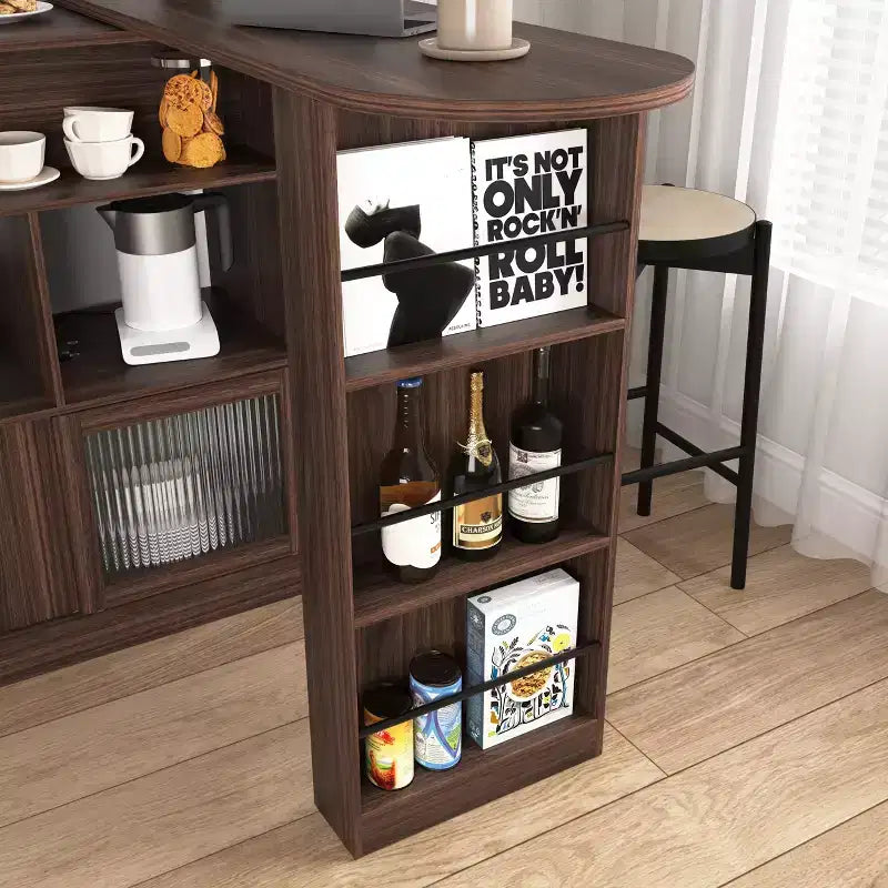 Meuble de salle à manger hauteur comptoir avec rangement, porte en verre cannelé et plateau rotatif à 3 étagères, meuble de bar moderne pour salle à manger et salon