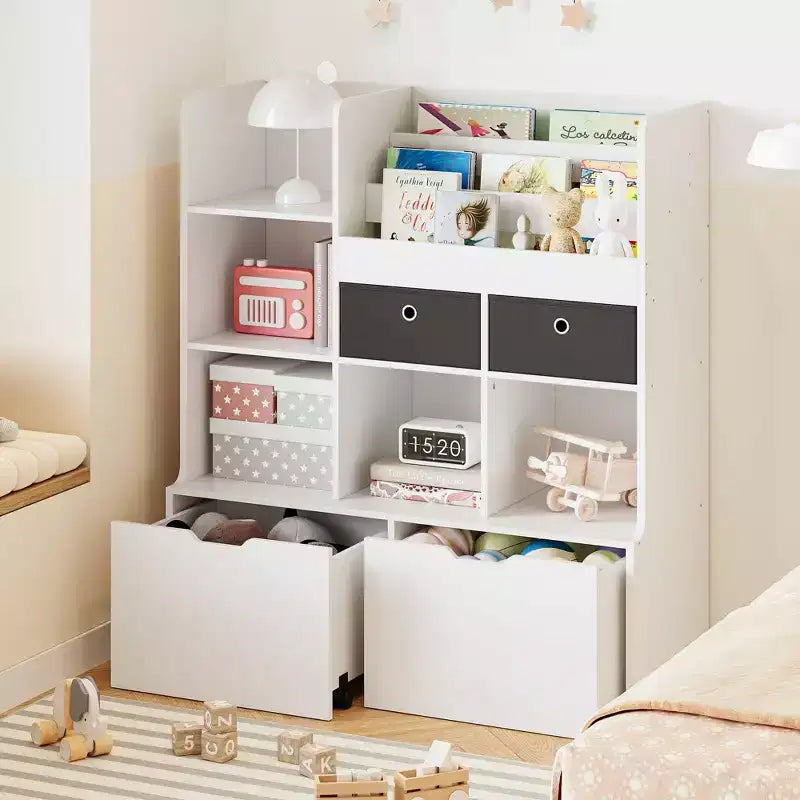 Kids Storage Cabinet, Wood Bookcase with 4 Drawer, Storage Bookshelf, Toddler Storage Box Organizer for Bedroom, Playroom, Kids Room