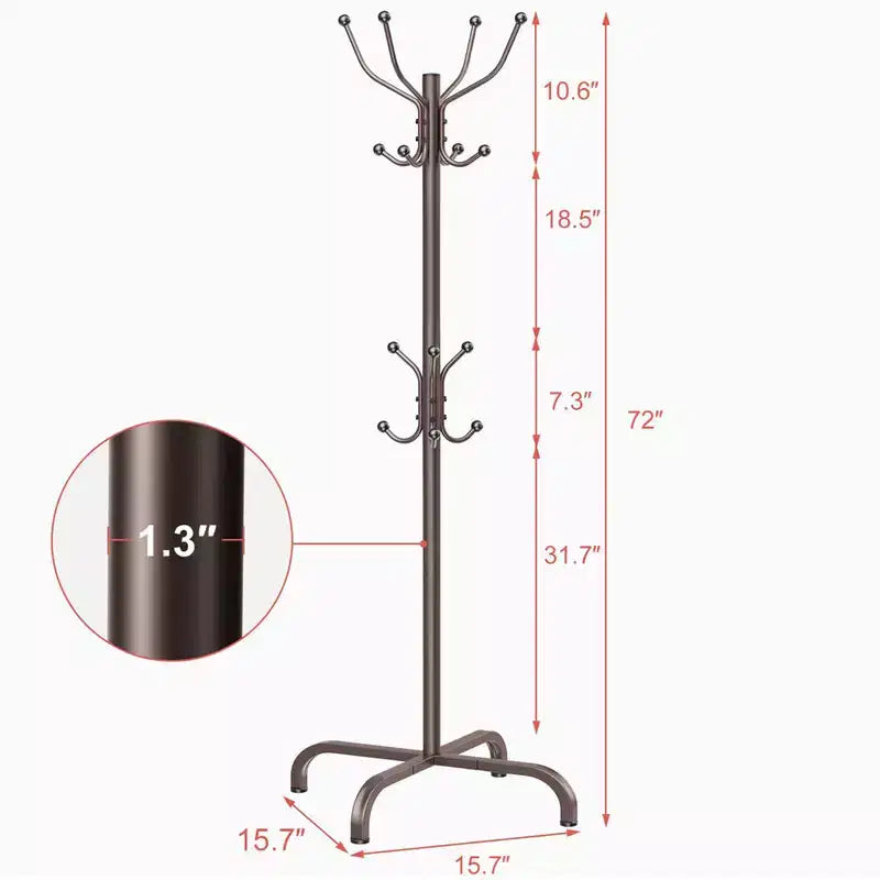 Coat Rack with 14 Hooks, Freestanding Coat Rack Stand for Entryway, Hallway, Bedroom, and Office, Metal Coat Tree Hat Rack for Coats, Hats, and Bags