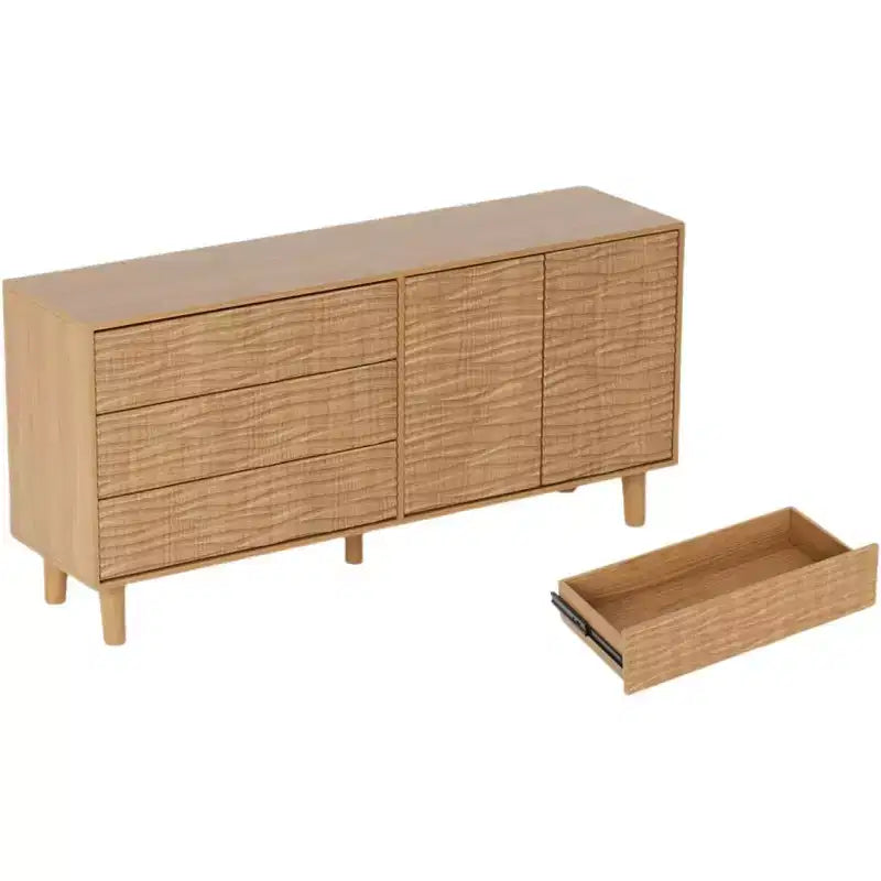 61 Mid Century Modern Buffet Cabinet with Undulating Groove Design - Large Storage Sideboard with 3 Drawers