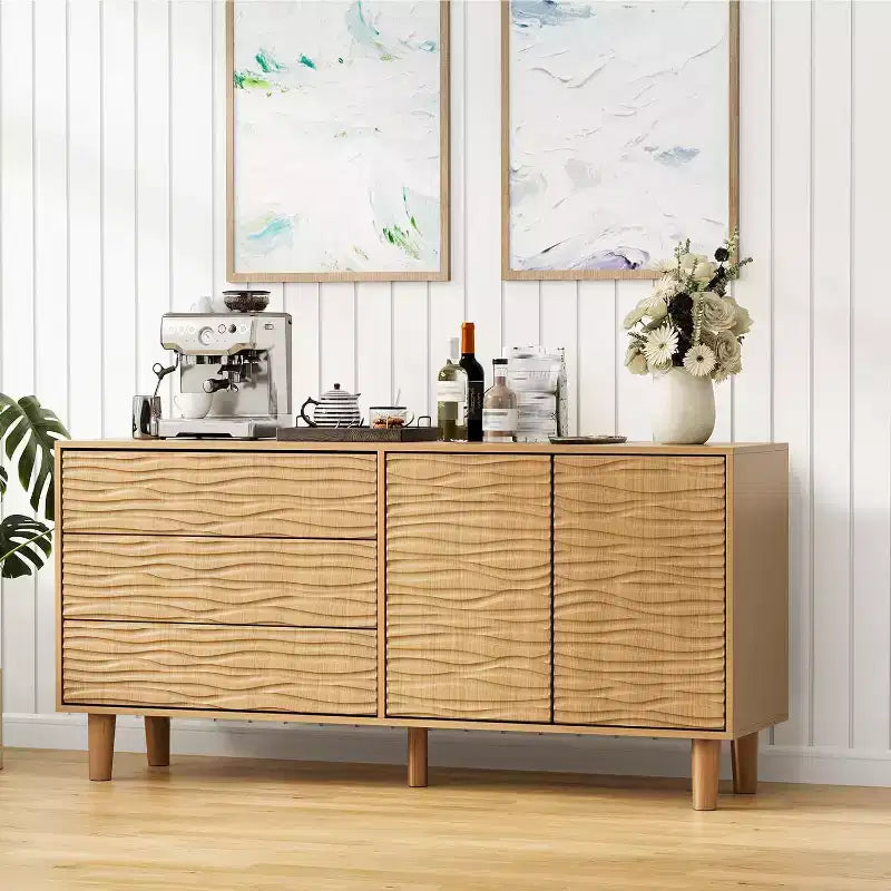 61 Mid Century Modern Buffet Cabinet with Undulating Groove Design - Large Storage Sideboard with 3 Drawers