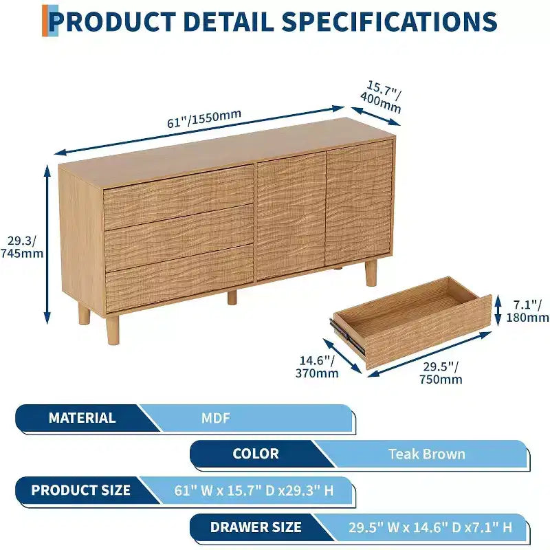Buffet moderne du milieu du siècle de 61 po avec motif de rainures ondulantes - Grand buffet de rangement avec 3 tiroirs