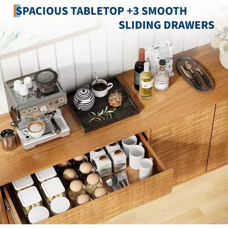 61 Mid Century Modern Buffet Cabinet with Undulating Groove Design - Large Storage Sideboard with 3 Drawers