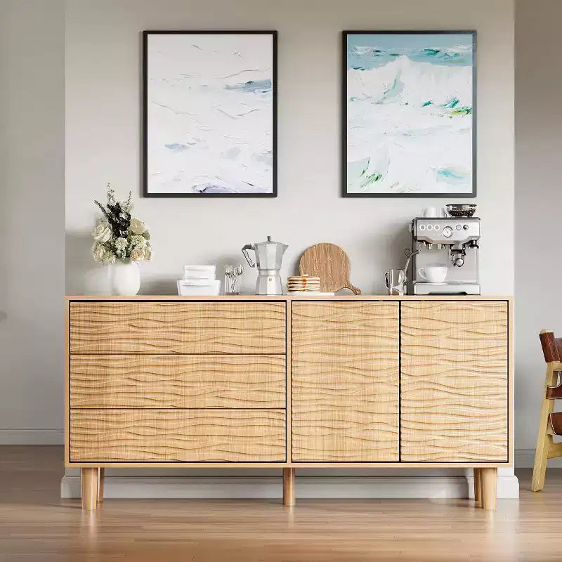 Buffet moderne du milieu du siècle de 61 po avec motif de rainures ondulantes - Grand buffet de rangement avec 3 tiroirs