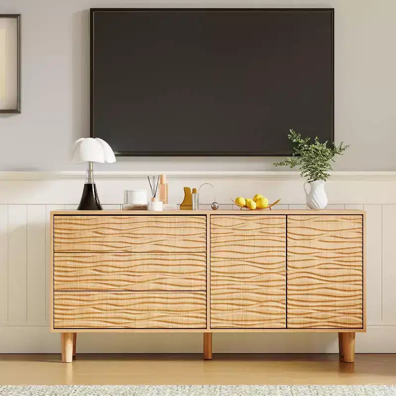 Buffet moderne du milieu du siècle de 61 po avec motif de rainures ondulantes - Grand buffet de rangement avec 3 tiroirs