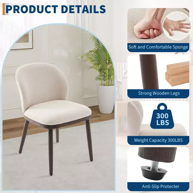 Lot de deux chaises de salle à manger, assises rembourrées, pieds en bois, design ergonomique, capacité de poids de 120 kg, idéales pour les salles à manger.