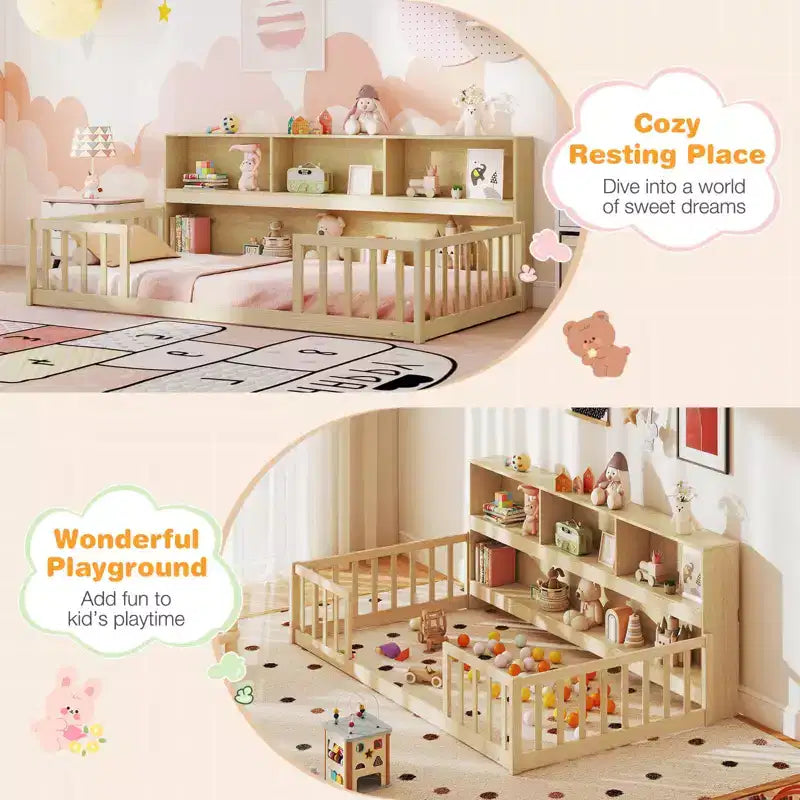 Lit au sol Montessori une place avec étagères de rangement et barrières de sécurité Rose/Naturel/Blanc/Gris