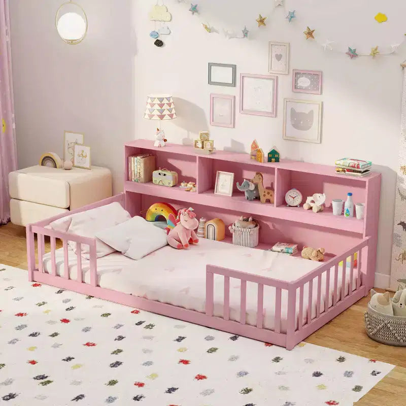 Lit au sol Montessori une place avec étagères de rangement et barrières de sécurité Rose/Naturel/Blanc/Gris