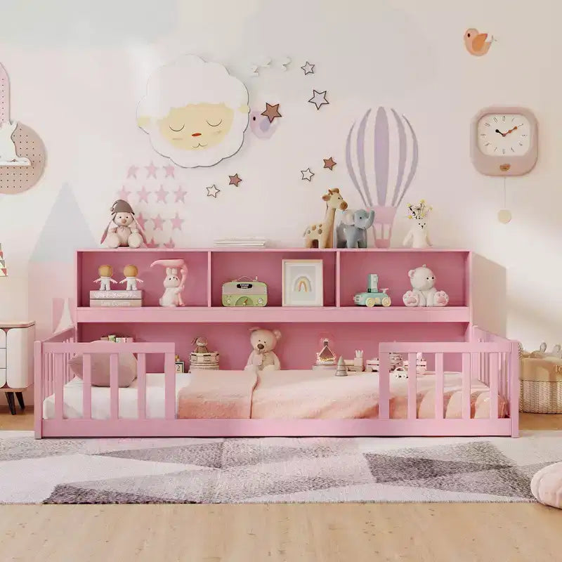 Lit au sol Montessori une place avec étagères de rangement et barrières de sécurité Rose/Naturel/Blanc/Gris