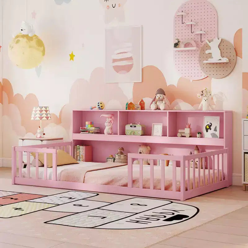 Lit au sol Montessori une place avec étagères de rangement et barrières de sécurité Rose/Naturel/Blanc/Gris