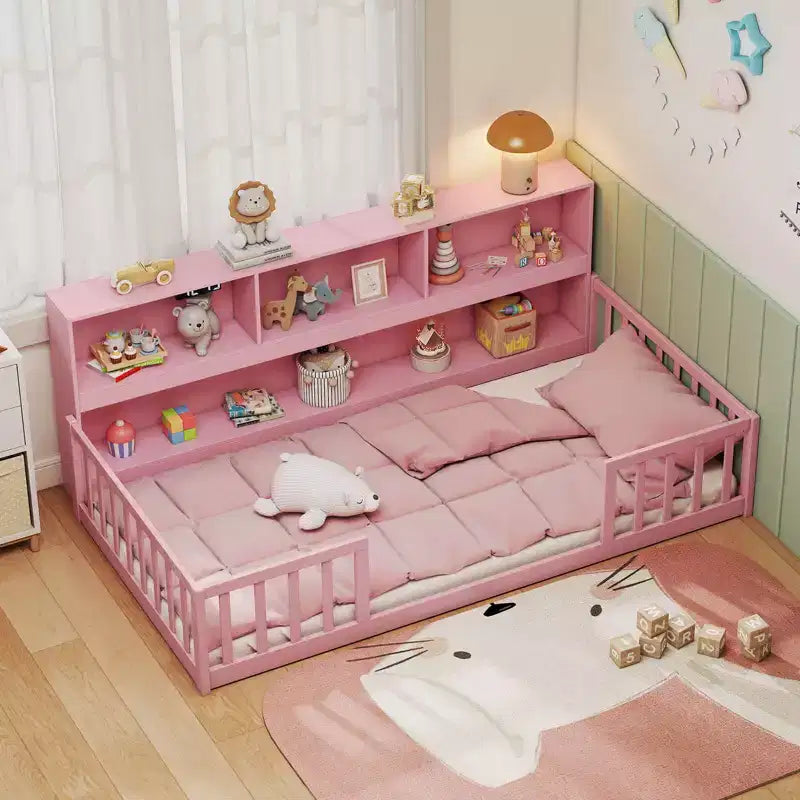 Lit au sol Montessori une place avec étagères de rangement et barrières de sécurité Rose/Naturel/Blanc/Gris