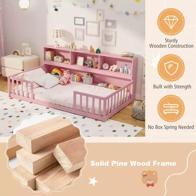 Lit au sol Montessori une place avec étagères de rangement et barrières de sécurité Rose/Naturel/Blanc/Gris