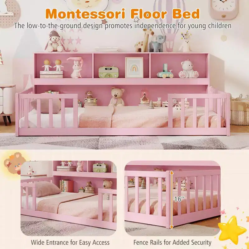 Lit au sol Montessori une place avec étagères de rangement et barrières de sécurité Rose/Naturel/Blanc/Gris